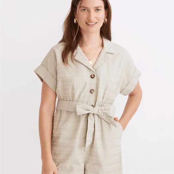 Madewell Seersucker Camp Romper in Ashen Sage XS - Picture 3 of 9
